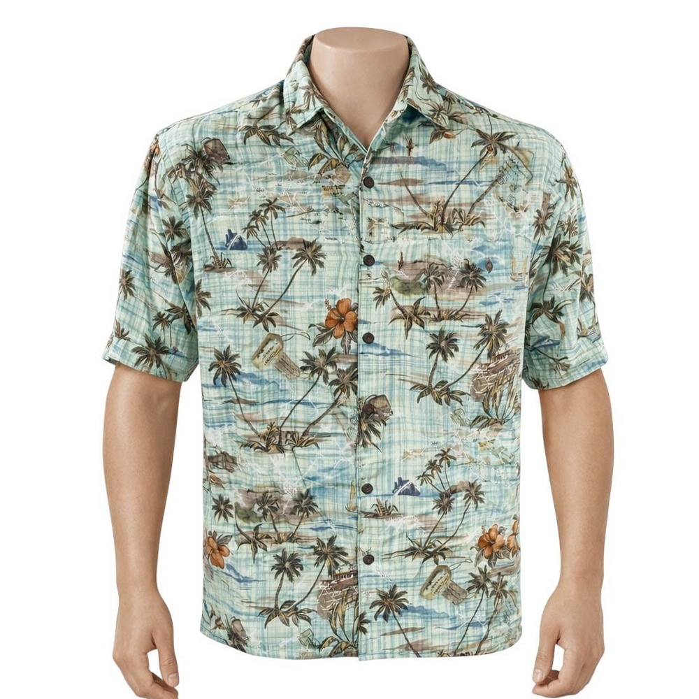 Campia Moda Hawaiian Aloha Shirt Large Floral Boats Palms Hibiscus Pale‎ Green